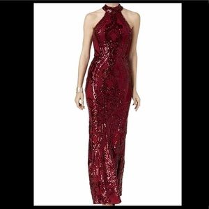 Red sequin halter-neck evening dress